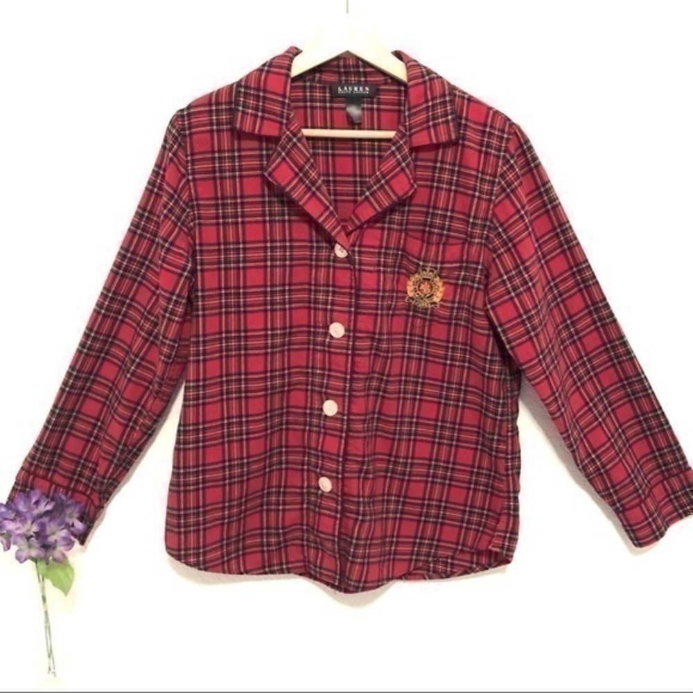 Lauren Ralph Lauren red plaid cotton pajama top medium